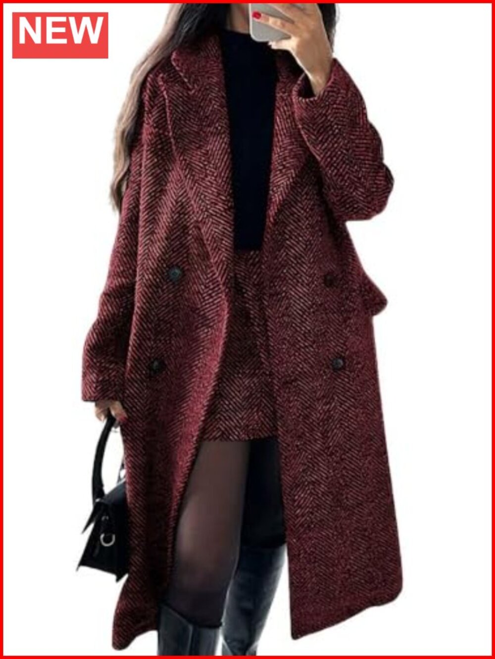 Women's Herringbone Wool Blend Double Breasted Notch Collar Long Coat